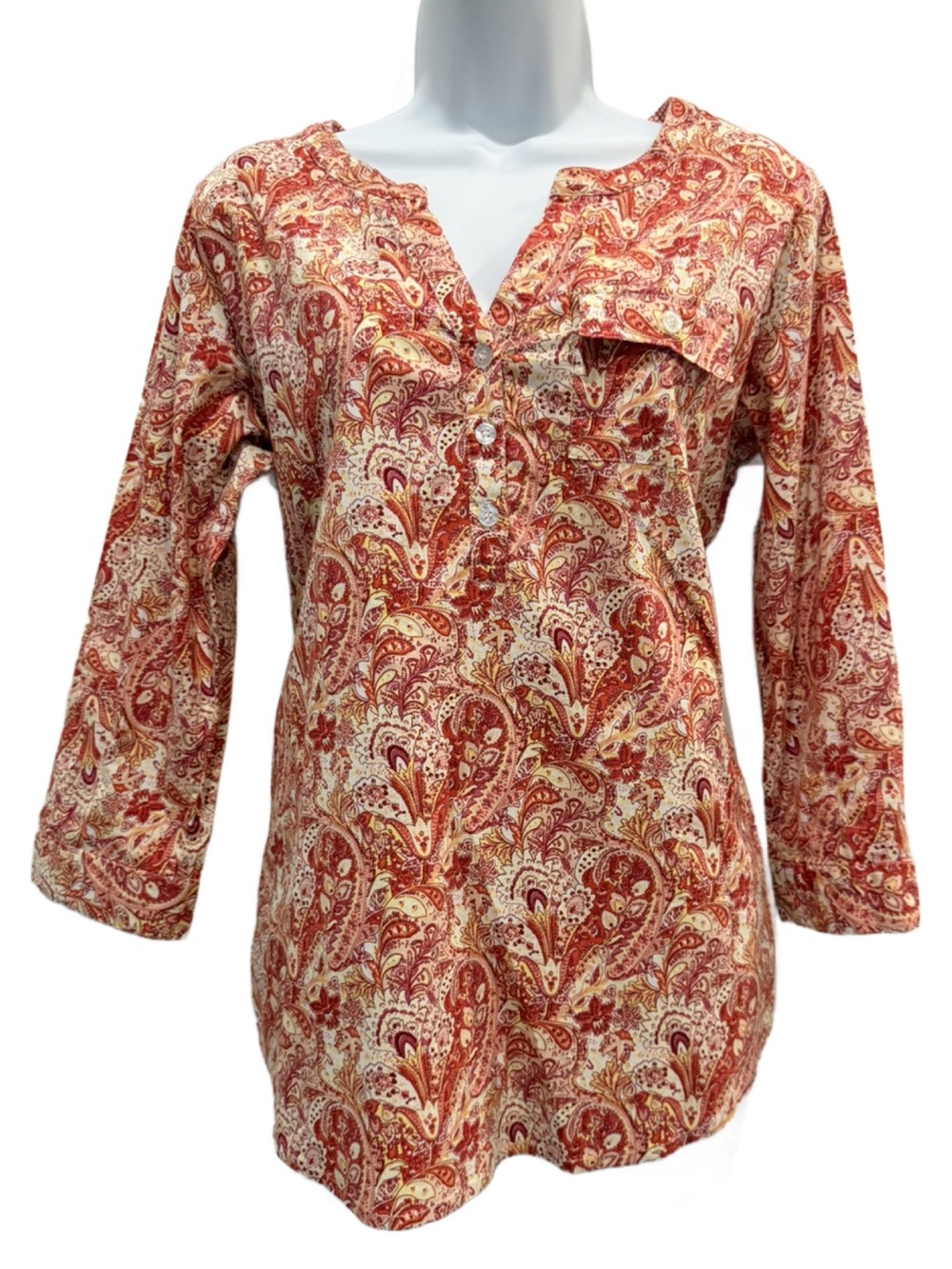Coral Bay Red and Cream Paisley Split-Neck Tunic. PM